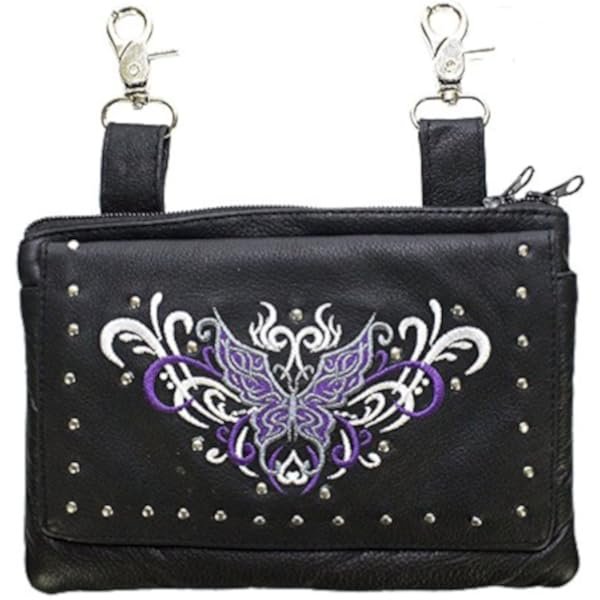 Womens Studed Purple Tribal Butterfly Real Leather Purse Bag w/clip