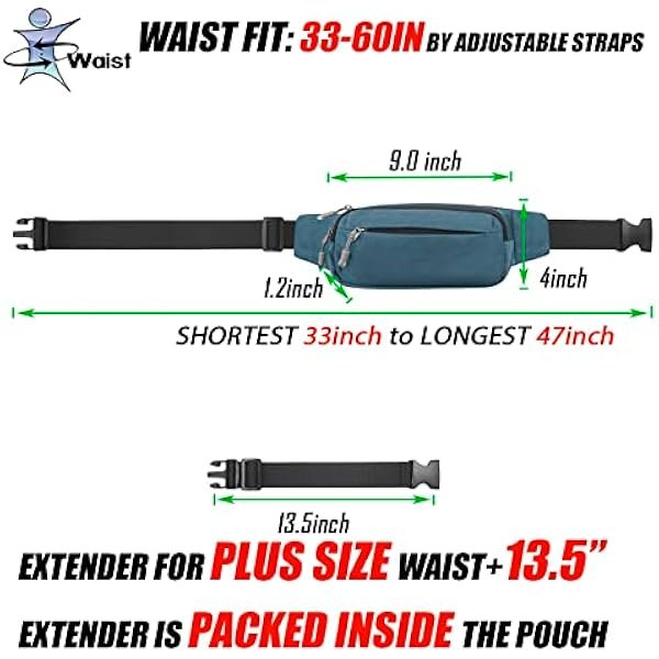 Fanny Pack Waist Packs with Extender for Men Women, Waist Pouch Bag Hip Pack with 3-Zipper Pockets Adjustable Straps for Casual Travel Hiking Running Outdoor Sports