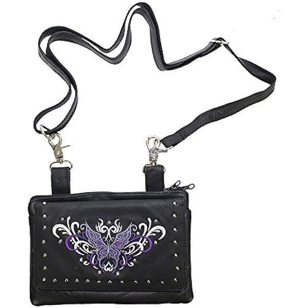 Womens Studed Purple Tribal Butterfly Real Leather Purse Bag w/clip