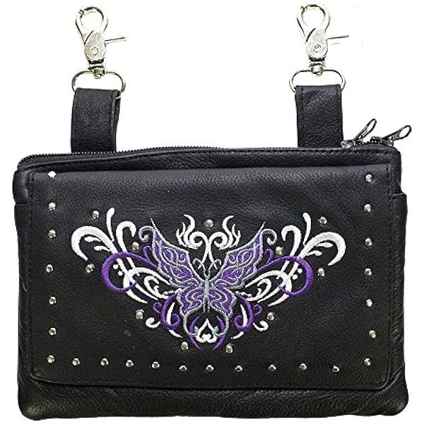 Womens Studed Purple Tribal Butterfly Real Leather Purse Bag w/clip