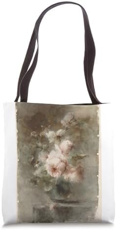 Victorian Art Pink and White Roses in Vase Flowers Painting Tote Bag