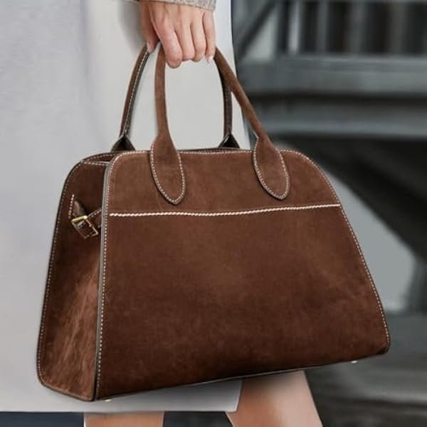 The Row Bag, Vintage Suede Tote for Women, Large Capacity Shoulder Satchel for Work Travel, Soft Leather Handbag
